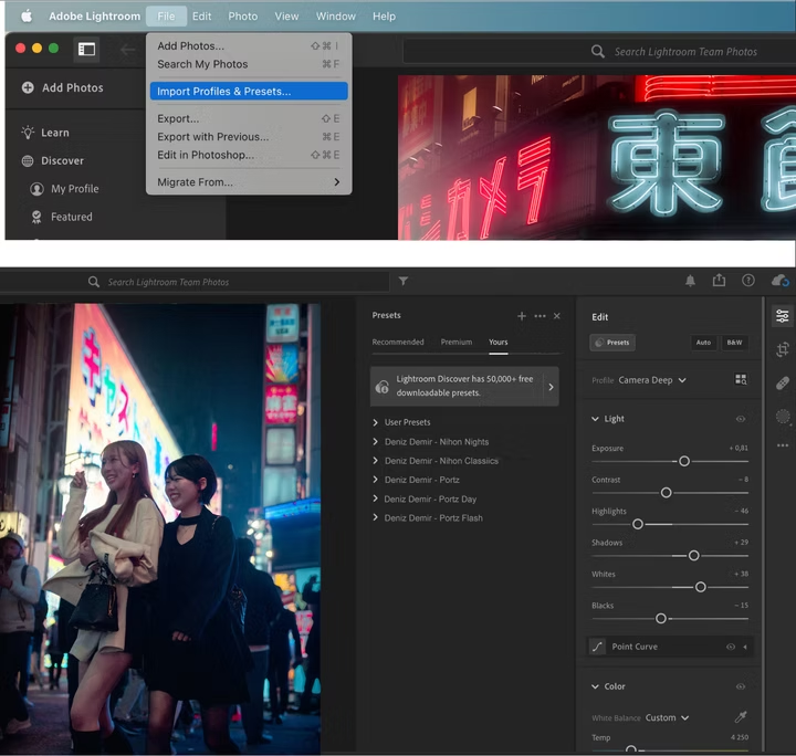 Screenshots of Adobe Lightroom software interface showing menu options for importing profiles and presets, with a photo editing workspace featuring a nighttime street scene with two women walking and neon signs in the background.
