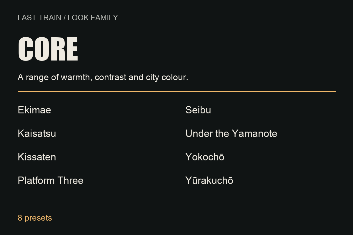 Core: warmth, contrast and city colour. Eight presets: Ekimae, Kaisatsu, Kissaten, Platform Three, Seibu, Under the Yamanote, Yokochō and Yūrakuchō.