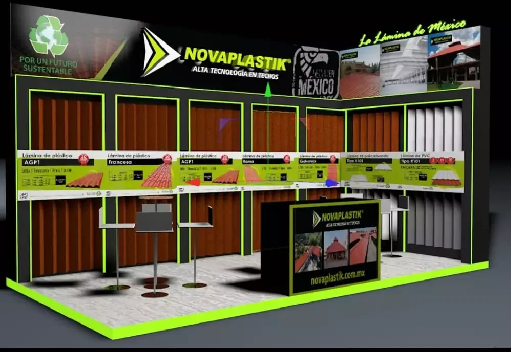 Stand con exhibidores de materiales para construcción y techumbres plásticas con fichas técnicas.