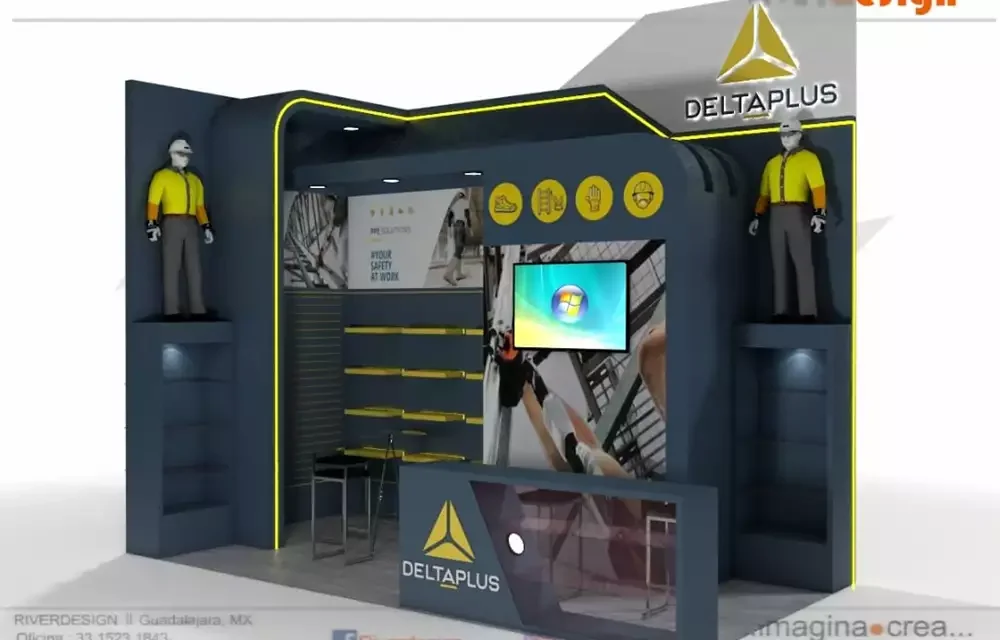 Exhibición de equipo de protección personal (EPP) con maniquíes, monitores y señalética técnica.