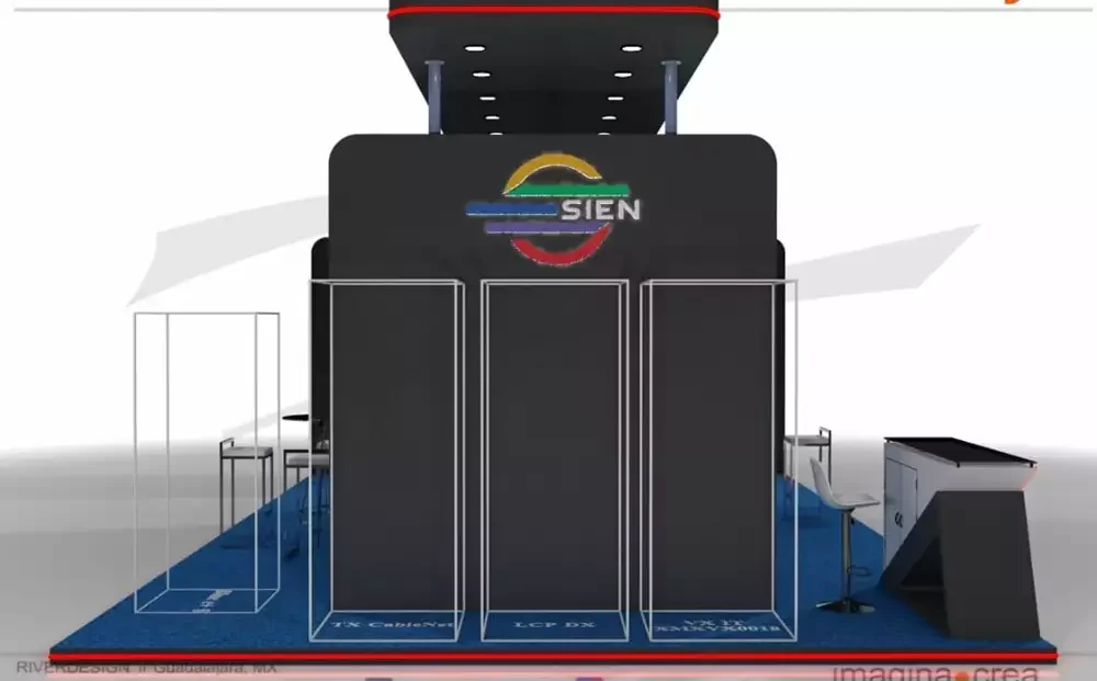 Detalle de logo en neón y muros oscuros para una apariencia tecnológica y moderna.