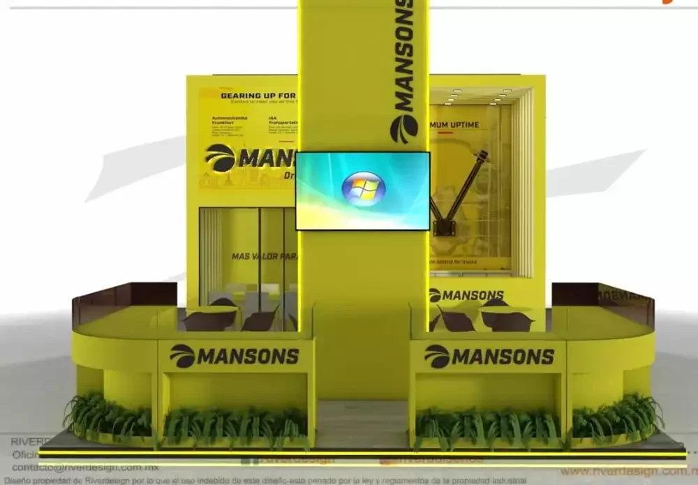 Stand industrial con identidad en amarillo y negro, incorporando elementos de carga y áreas de descanso semicirculares.
