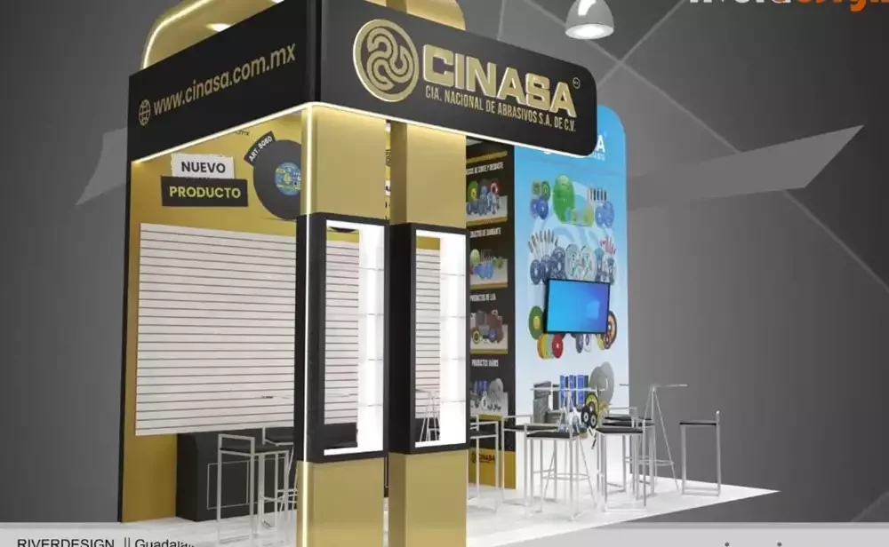 Stand de marca especializado en herramientas abrasivas con exhibidores de producto y branding sólido.