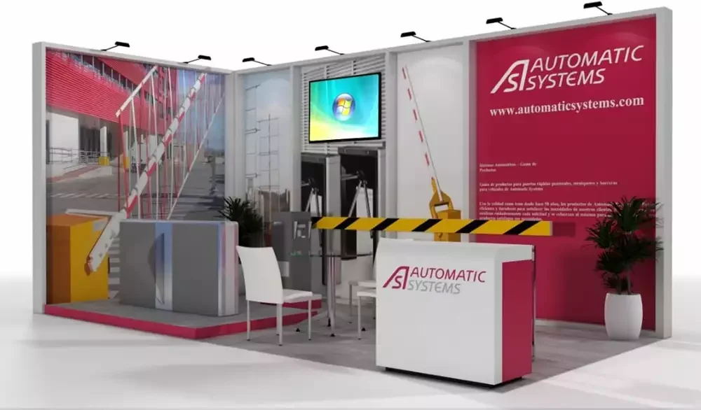 Stand de control de acceso con barreras físicas reales, mobiliario rojo y elementos naturales (plantas).