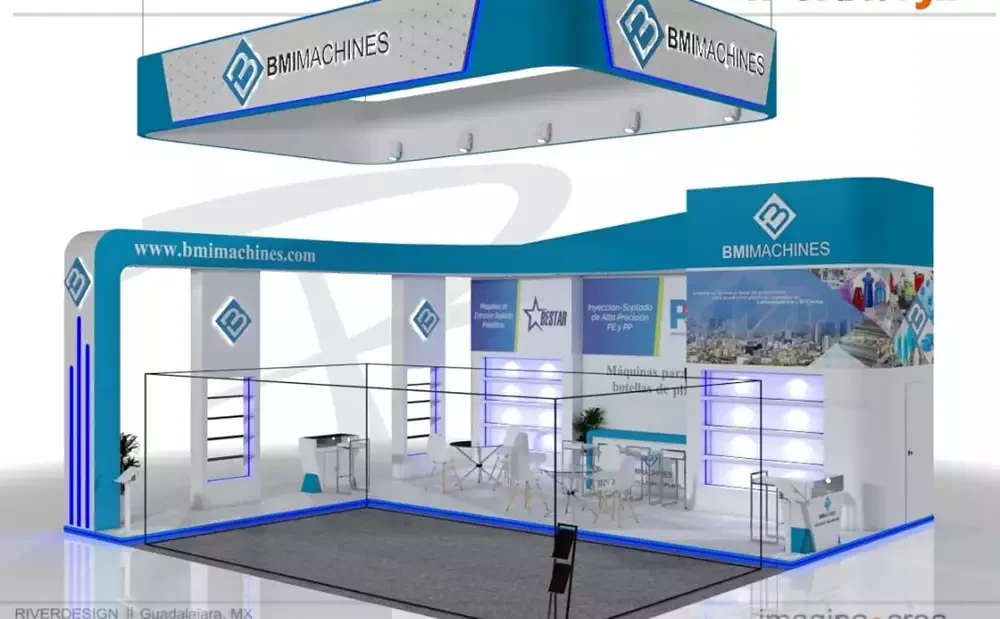 Espacio corporativo con gráficos urbanos, repisas de exhibición y zona de atención personalizada.