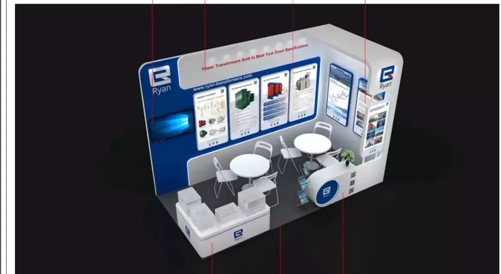 Configuración orientada a la consultoría con mesas redondas, folletería y pantallas informativas.