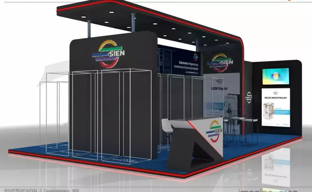 Stand de estructura negra con iluminación LED perimetral roja y pantallas digitales de alto contraste.