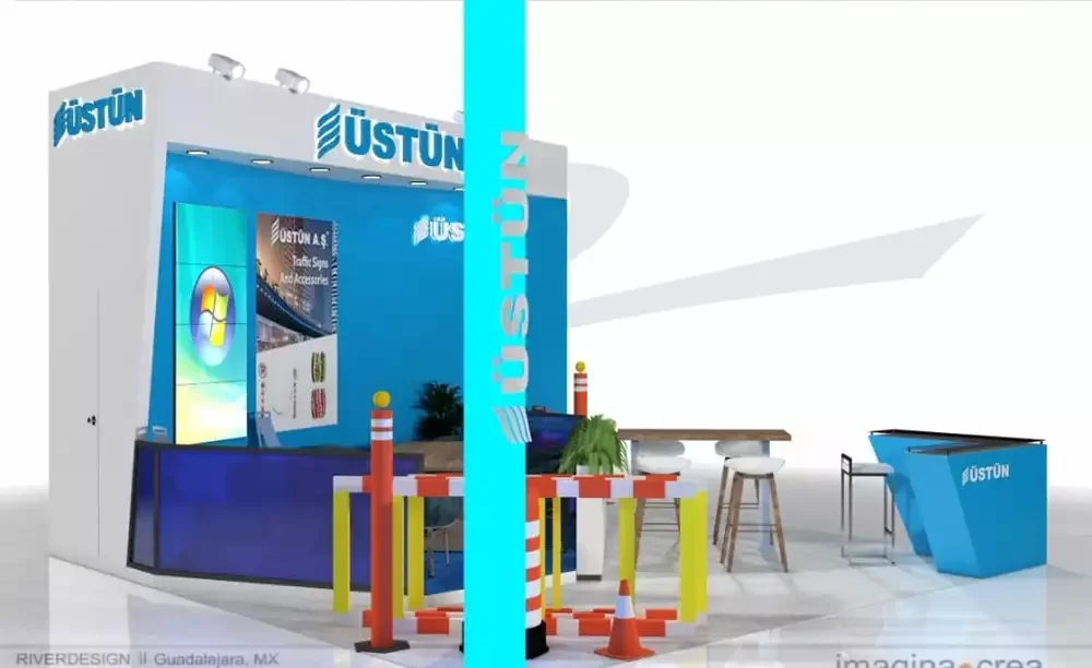 Stand de seguridad con torre de branding vertical, pantallas de software y mostrador tipo bar con taburetes.