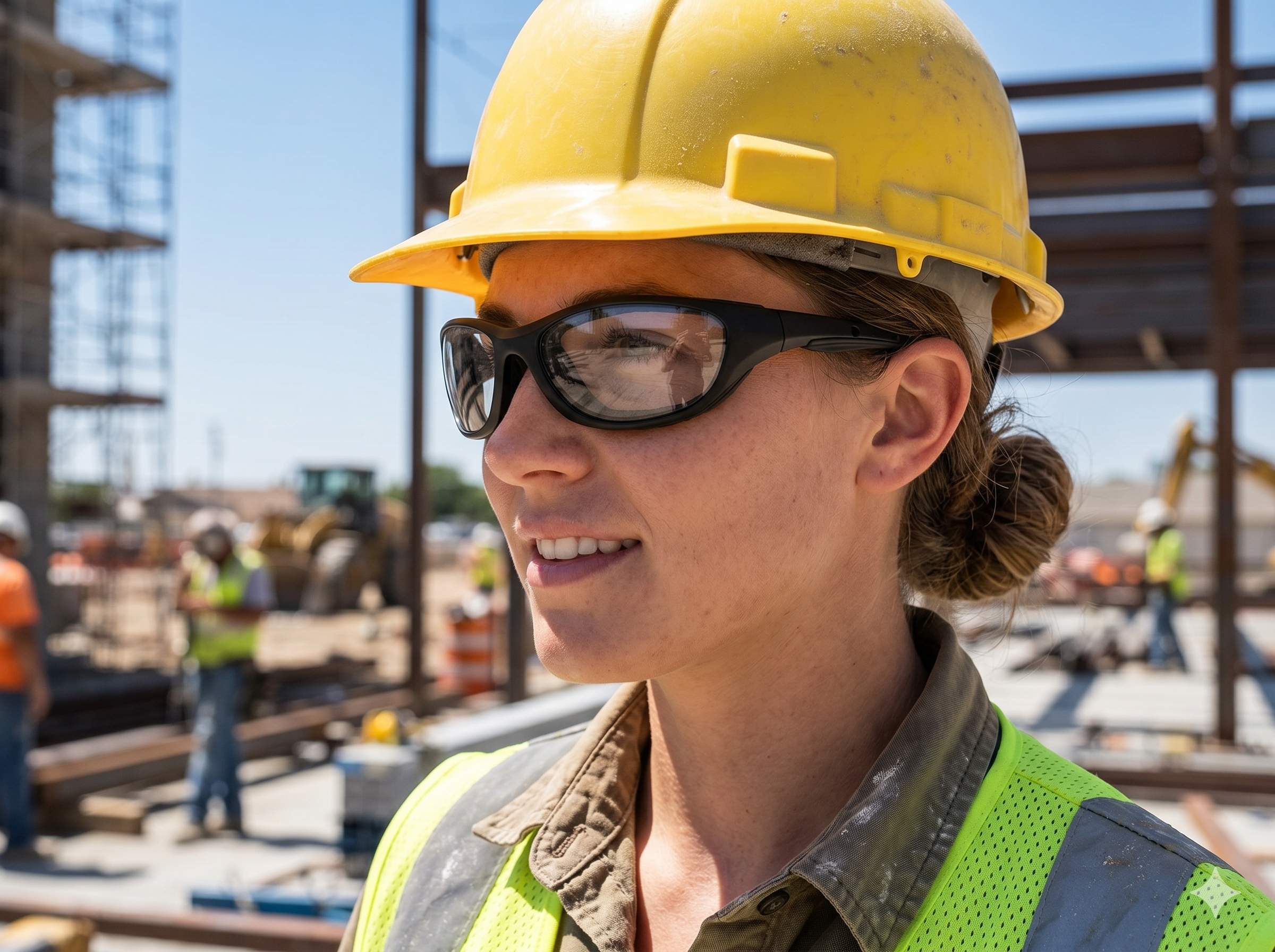 Close-up of a woman wearing a yellow safety helmet, black safety glasses she bought at optometrist in North Kingstown RI