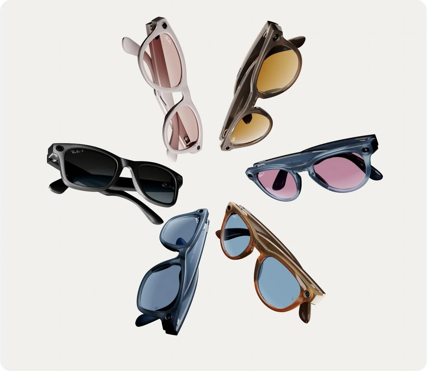 Six pairs of sunglasses arranged in a circle. Each pair has different frame colors and lens tints, including black, blue, brown, pink, yellow, and beige.