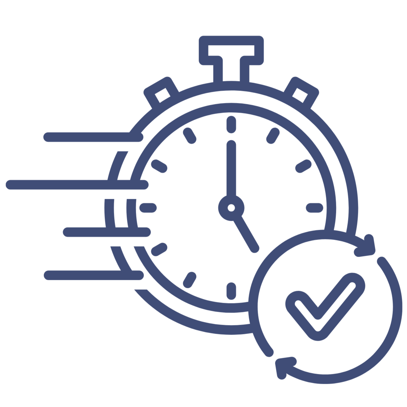 Stylized clock with motion lines indicating speed and a checkmark symbol, representing fast or on-time completion.