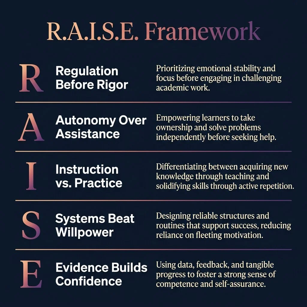 📌 SAVE THIS. Your new parenting framework is here.

The R.A.I.S.E.&trade; Framework is the anchor of Season 2 &mdash; and every letter is a strategy you can use TODAY.

R &mdash; Regulation Before Rigor
Your child can't learn when they're dysregulat