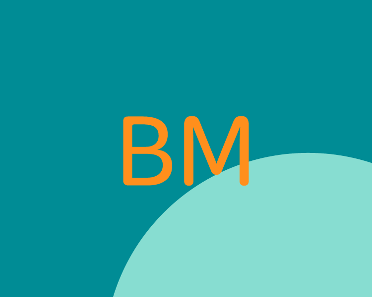 Bold orange letters 'BM' on a teal background with a light blue curved shape at the bottom