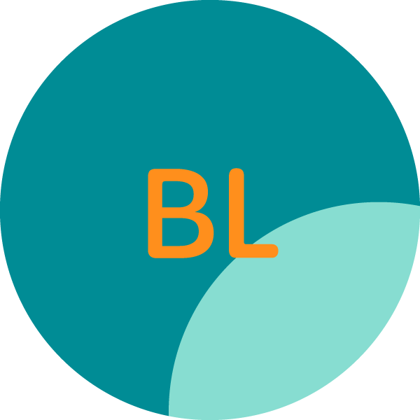 Colorful circular logo with overlapping teal and light blue sections and the letters 'BL' in orange in the center.