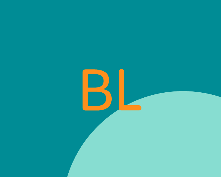 Part of a logo with the letters B and L in orange on a teal background, with a light teal semi-circle in the bottom right corner.