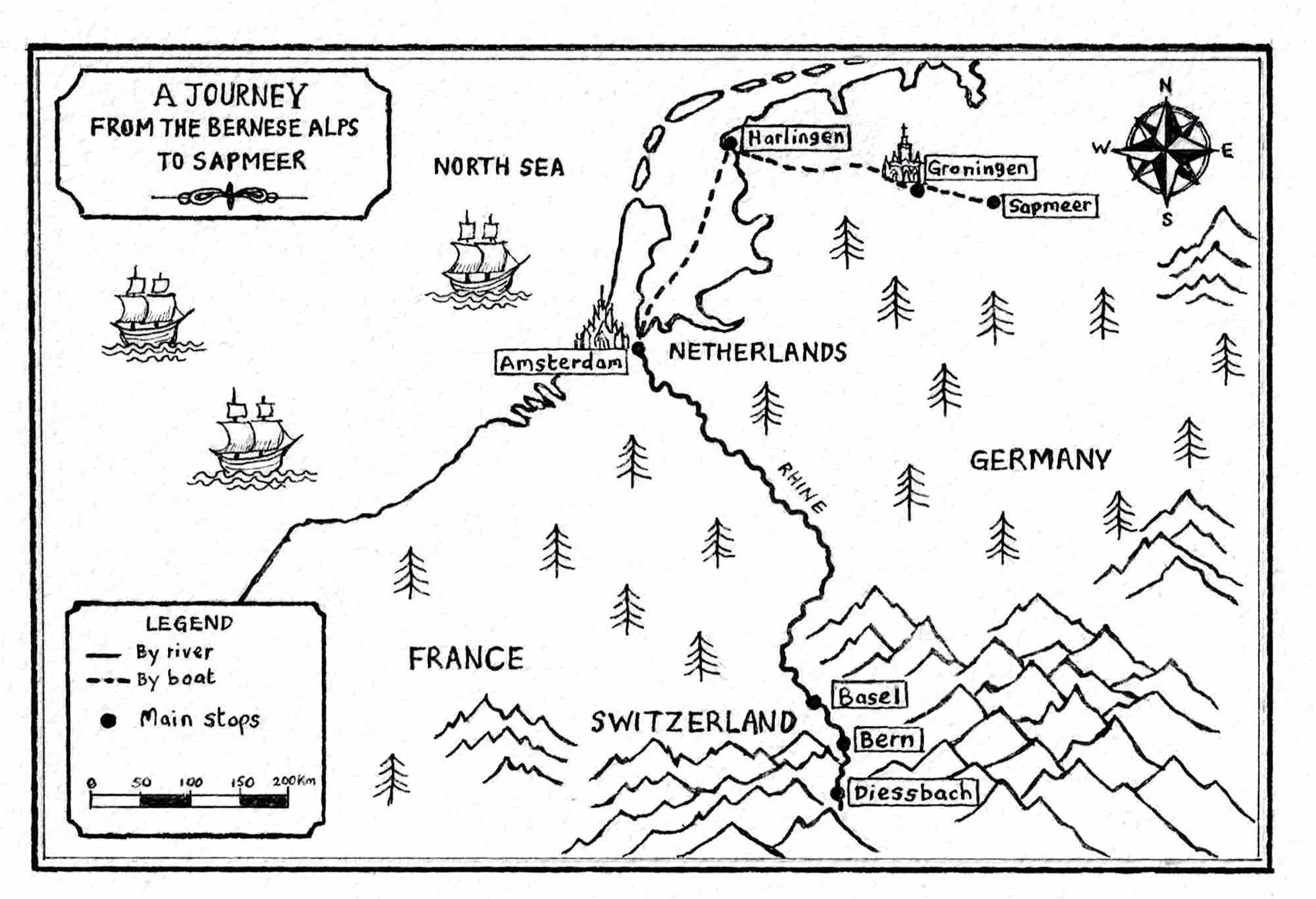 Hand-drawn map showing the 1711 journey of Swiss Anabaptist exiles from Switzerland to the Low Countries.
