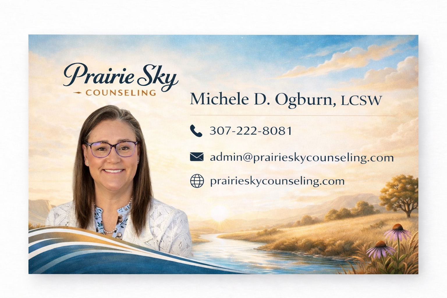 Business card for Prairie Sky Counseling featuring a woman with shoulder-length brown hair, glasses, and a white lace top, with a scenic background of a river, trees, and a sunset or sunrise.