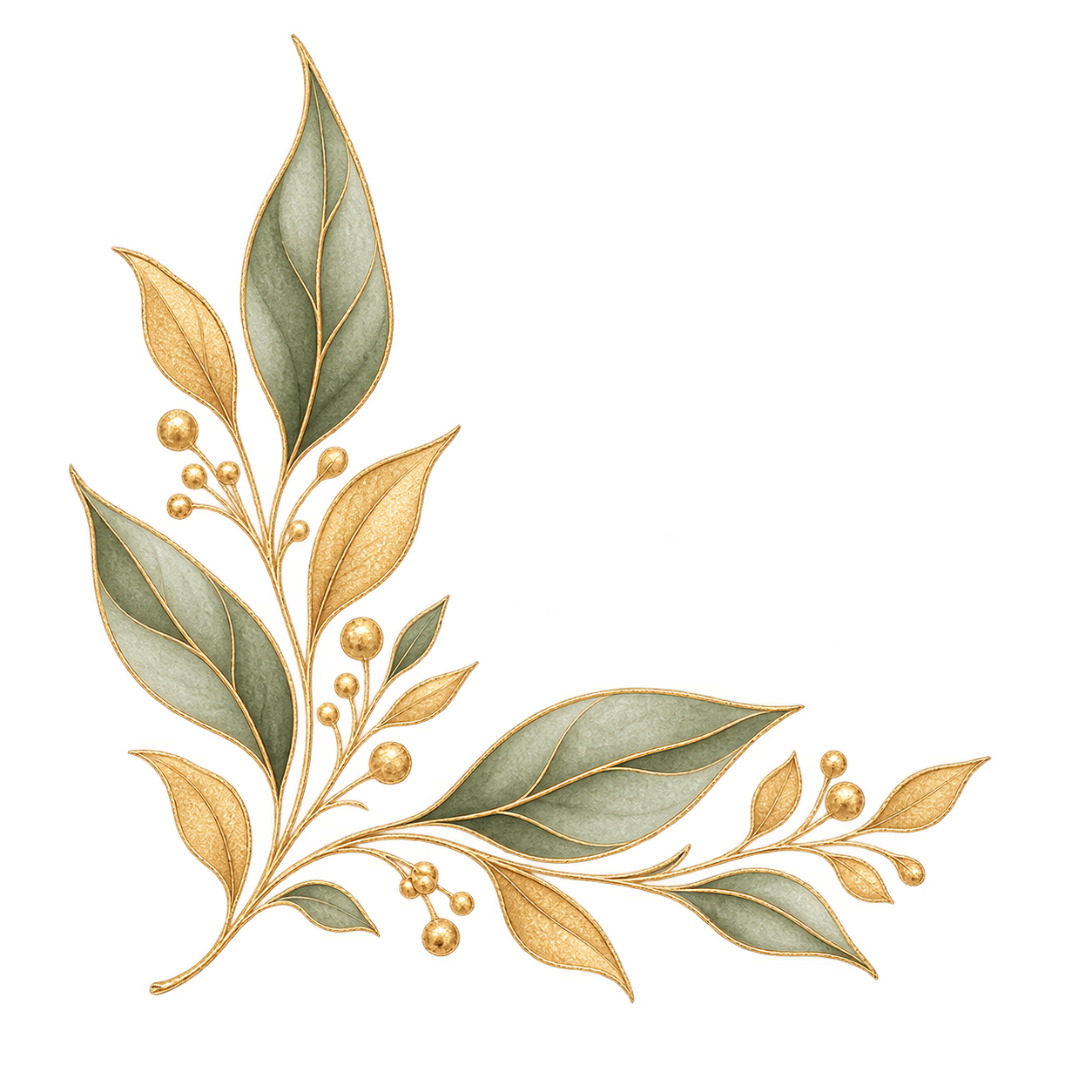 Decorative holiday arrangement of gold and green leaves with gold berries.