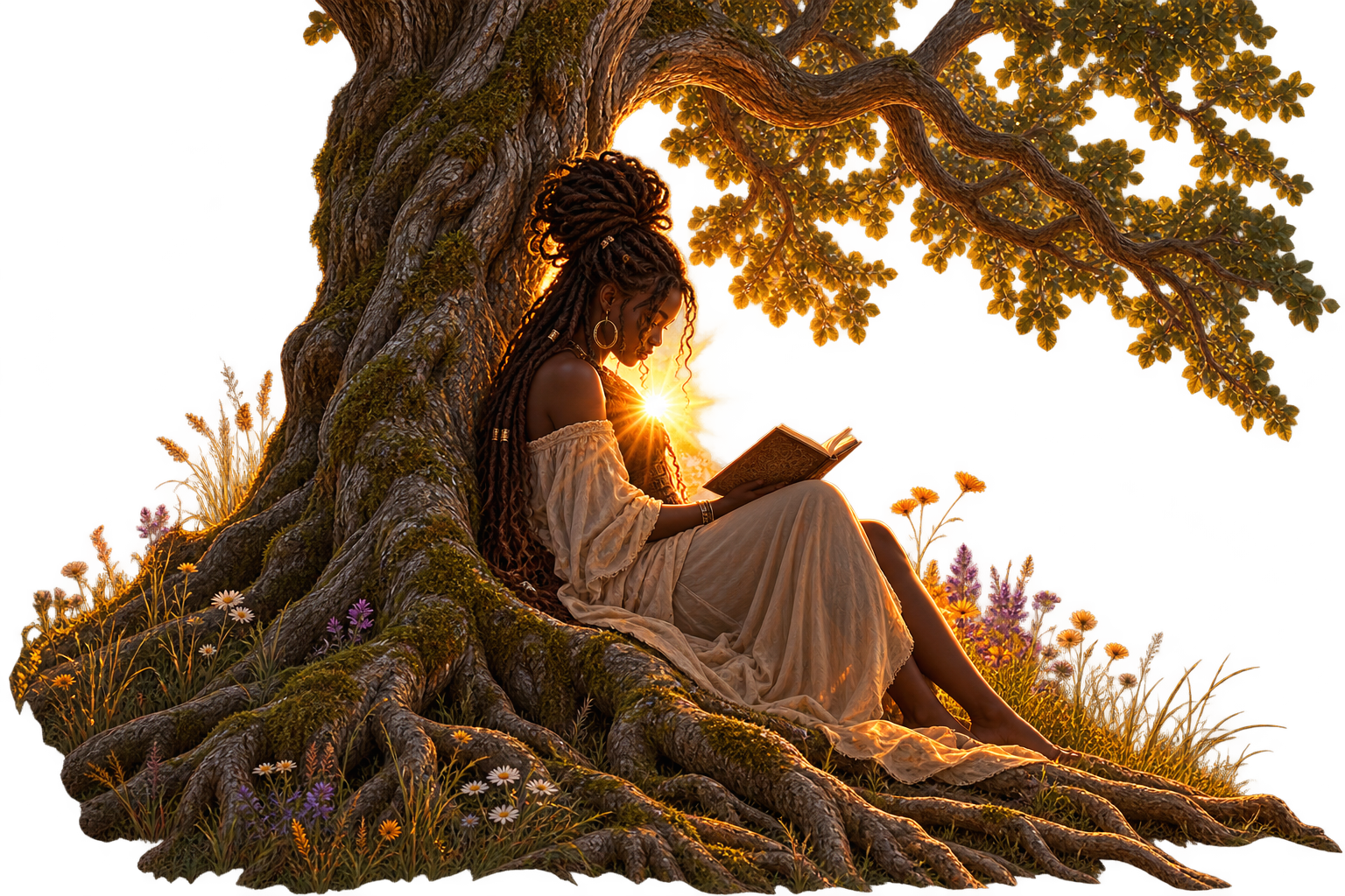 A woman with dreadlocks, wearing a flowing beige dress, sitting against a large tree trunk, reading a book at sunset, surrounded by flowers and illuminated by warm sunlight.