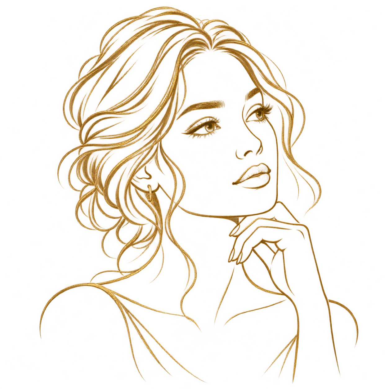 Artistic illustration of a woman with long wavy hair, touching her face, rendered with abstract lines and colors against a black background.