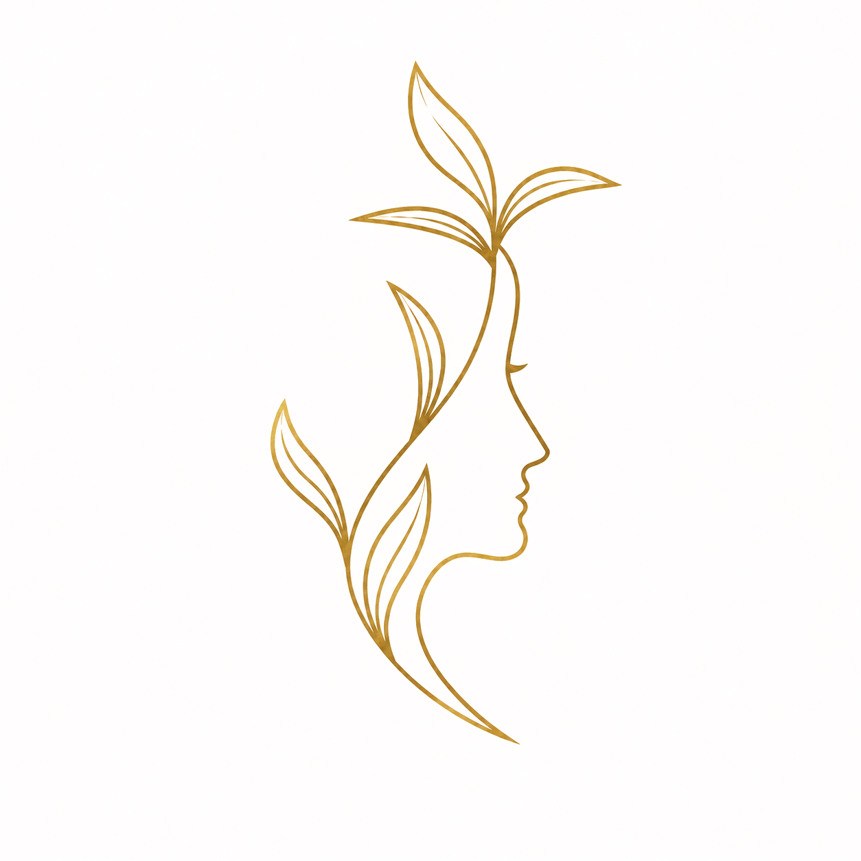 Line drawing of a woman's face in profile with leaves and flowers integrated into her hair in a minimalistic style.