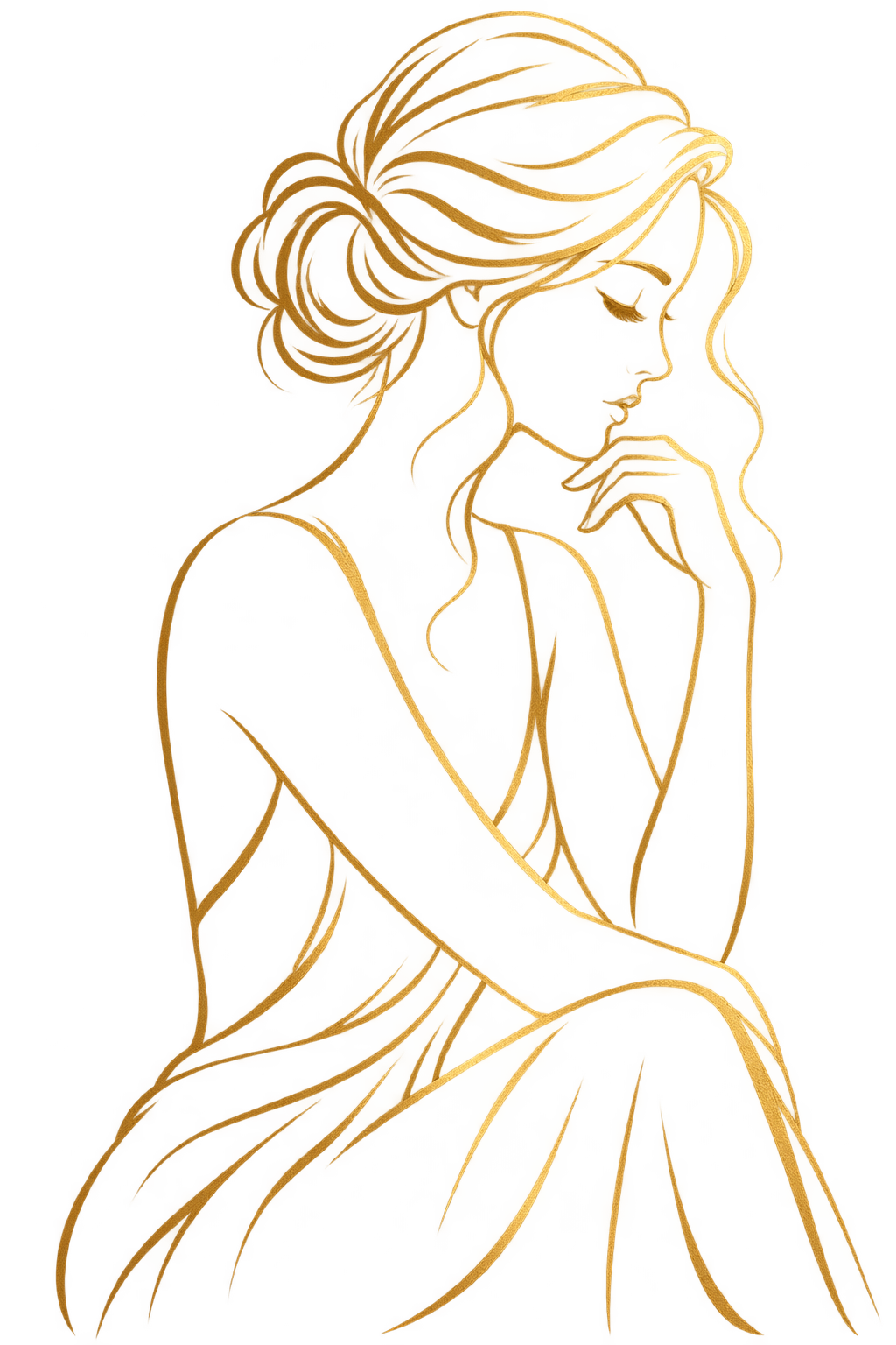 Gold outline drawing of a woman with long flowing hair, eyes closed, and hand resting near her face.