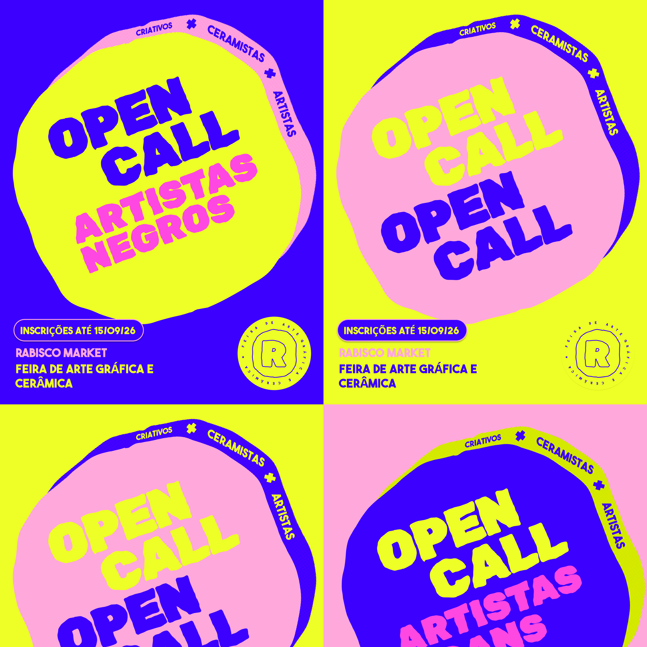 Colorful graphic design poster in pop art style advertising an art fair, featuring bold colors like blue, pink, yellow, and purple, with text in Portuguese about an art and ceramics fair, including registration deadline and event details.