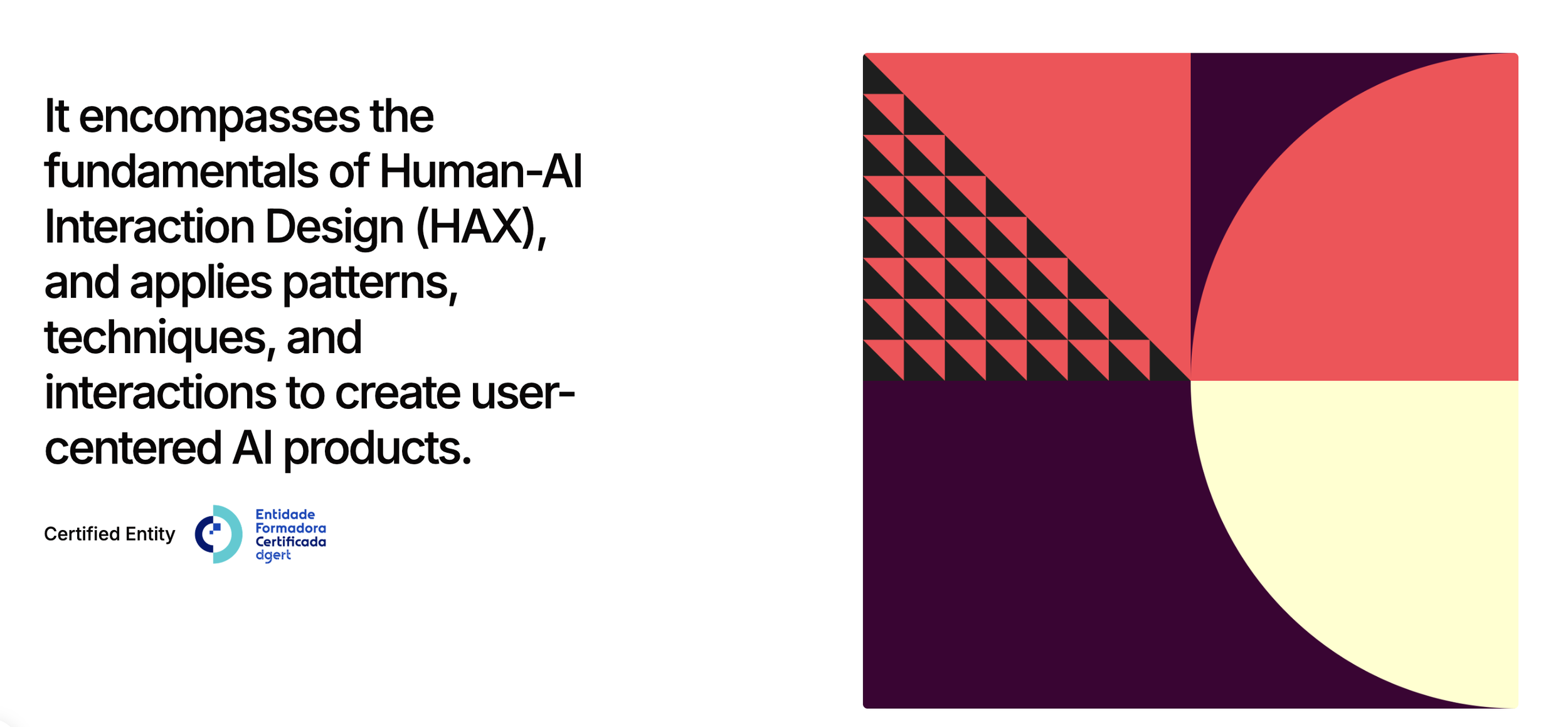 A graphic design showing a geometric pattern with triangles in black and red, and abstract curved shapes in red, purple, and yellow. Accompanying text explains the fundamentals of Human-AI Interaction Design (HAX) and the creation of user-centered AI products.
