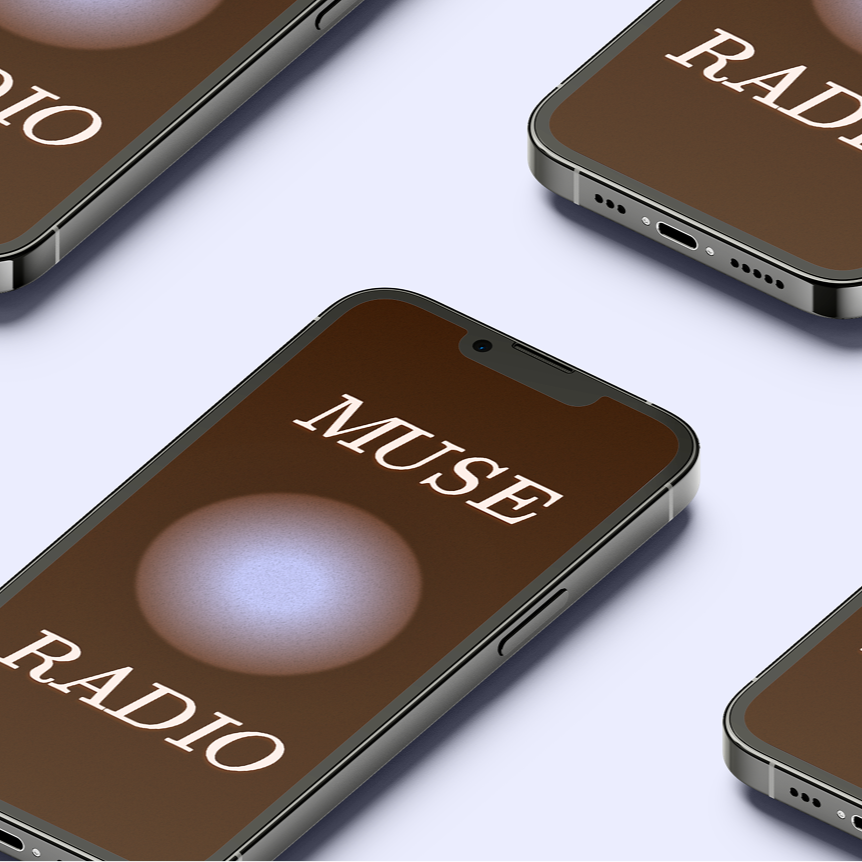 Multiple smartphones displaying a brown screen with the words "MUSE RADIO" and a circular logo.