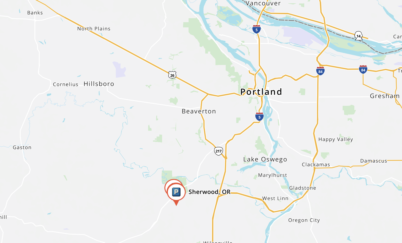 Map of the Portland, Oregon area showing the location of Sherwood.