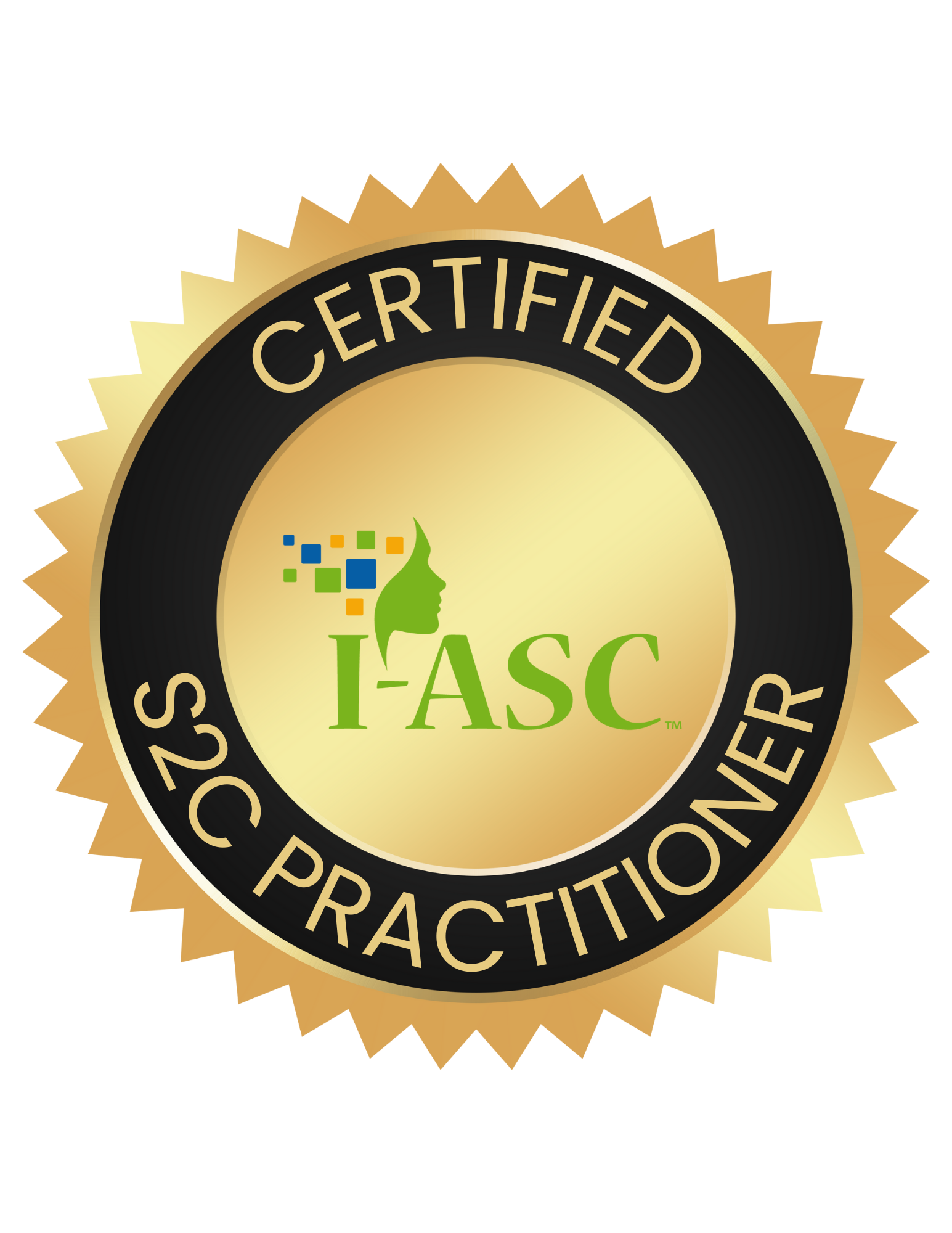 Certified 2nd Practice IASC badge with gold and black design, featuring a green profile of a woman's face and colorful squares.