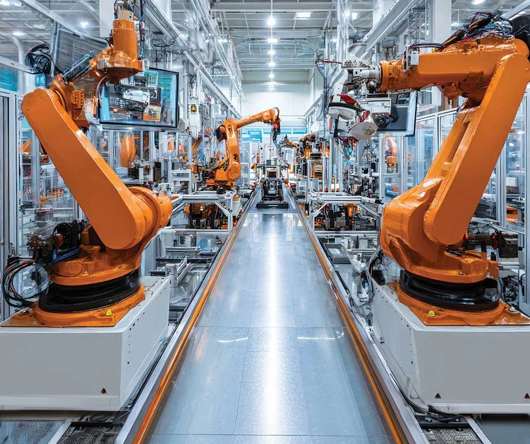 Inside a high-tech manufacturing facility with multiple robotic arms on either side of a conveyor belt, used for automated assembly.