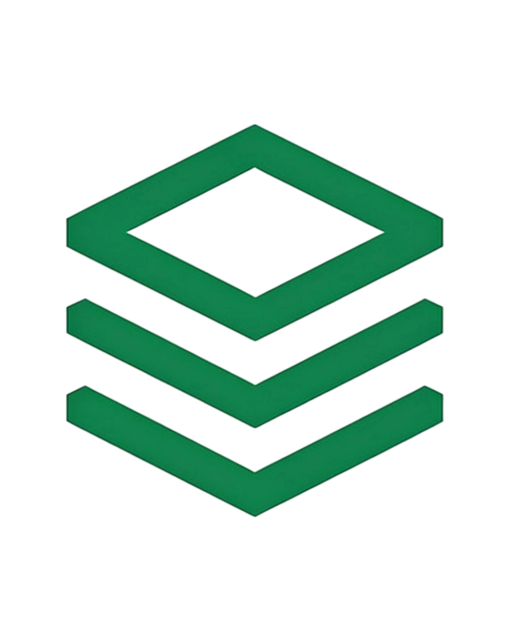 Green layered 3D geometric shapes on black background.