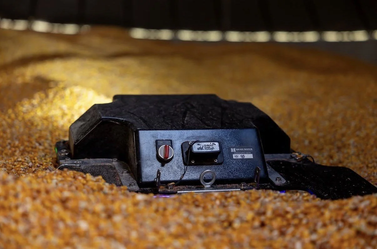 Close-up of a robotic device on a pile of grain or seeds, with a black compartment and control panel, illuminated by a focused light.