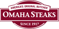 Omaha Steaks logo with red and white design, featuring text 'America's Original Butcher', 'Omaha Steaks', and 'Since 1917'.
