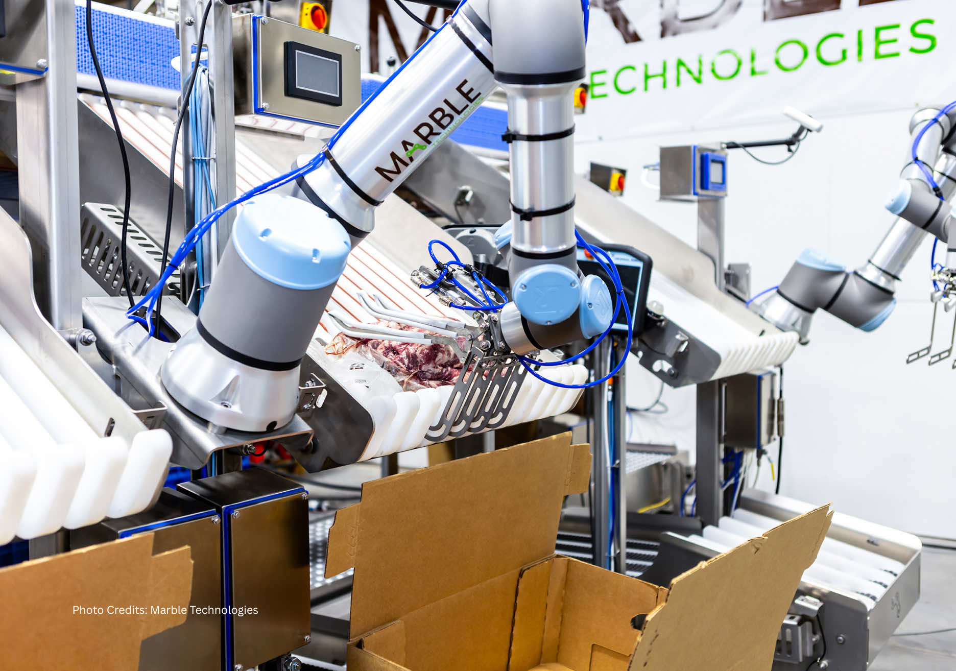 Robotic arms assembling meat products on a conveyor belt in an industrial setting with cardboard boxes.