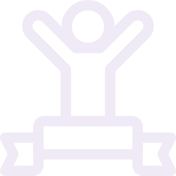 Person celebrating on podium with arms raised in victory