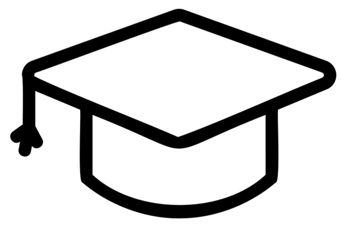 Outline of a graduation cap with a tassel hanging from the side.