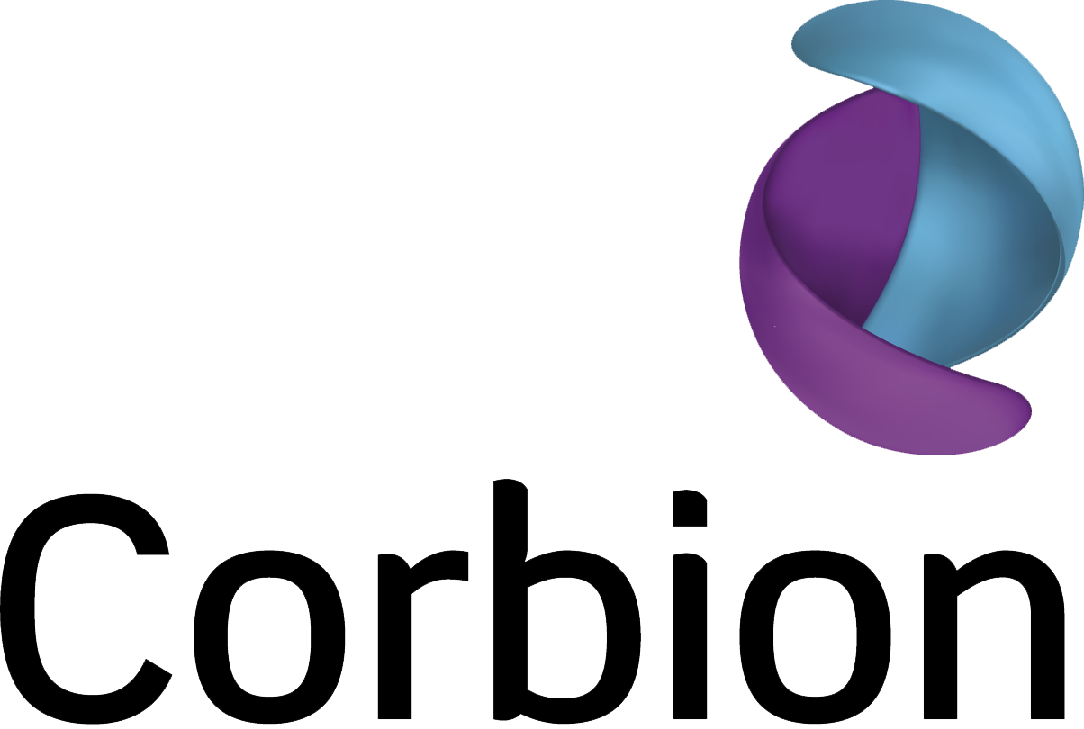 A stylized logo featuring a purple and blue 3D spiral sphere and the word 'Corbion' in black text.