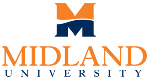 Midland University logo with orange, blue, and white colors