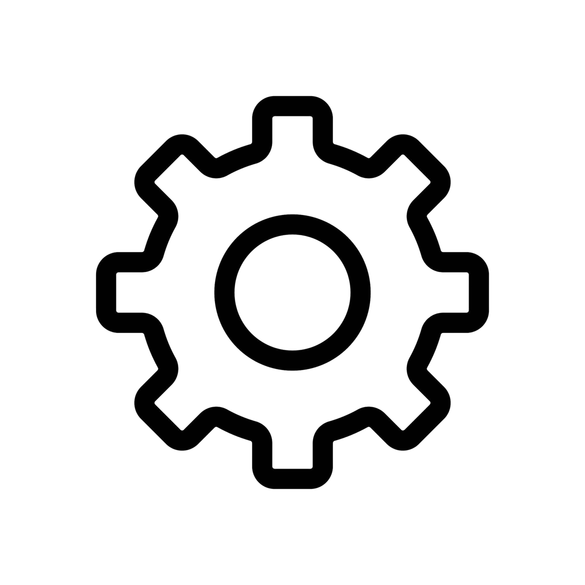 A black and white outline of a gear with interconnected cogs.