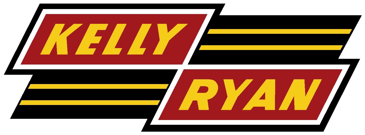 Graphic logo with the names 'Kelly' and 'Ryan' in bold yellow text on red slanted background, with yellow lines extending to the right, black background.