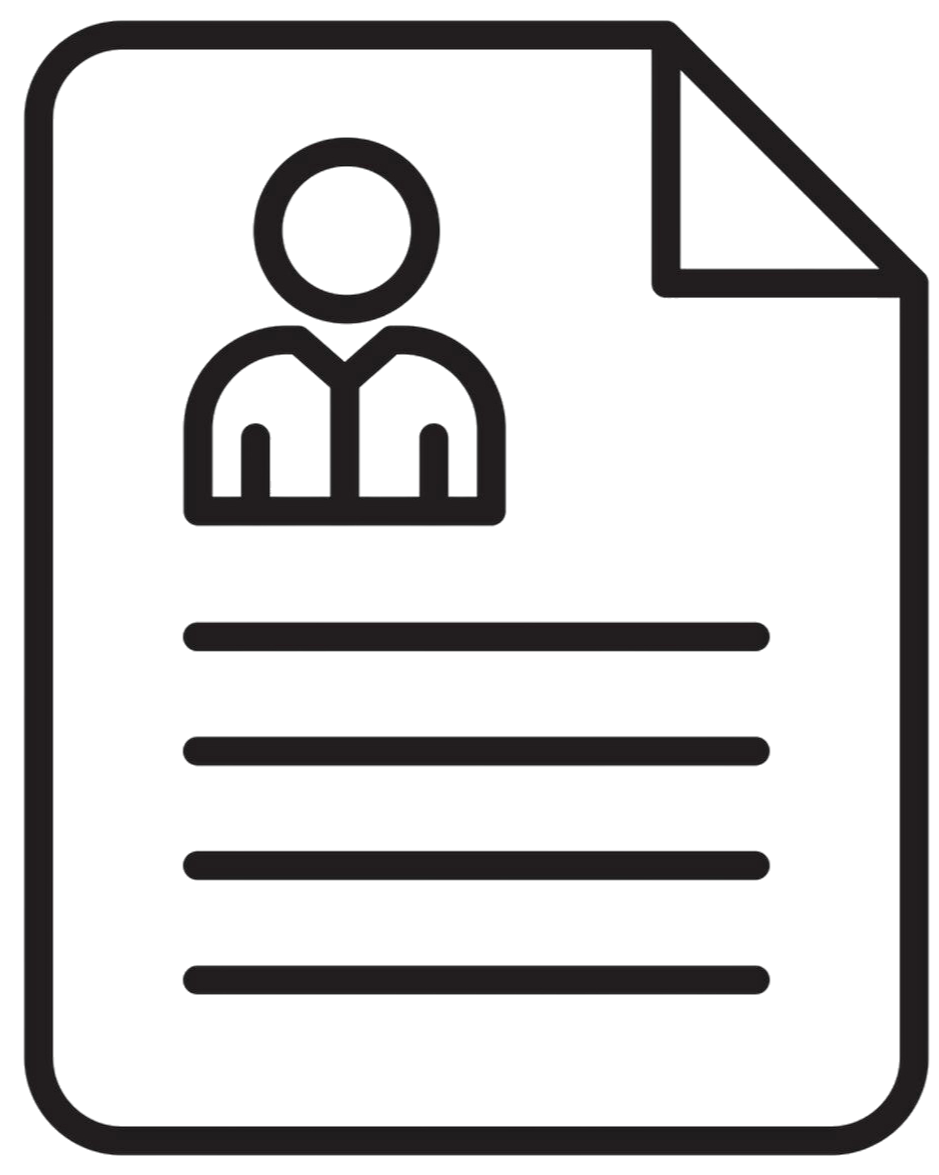 Icon of a person on a document or report, with lines representing text, on a dark background.