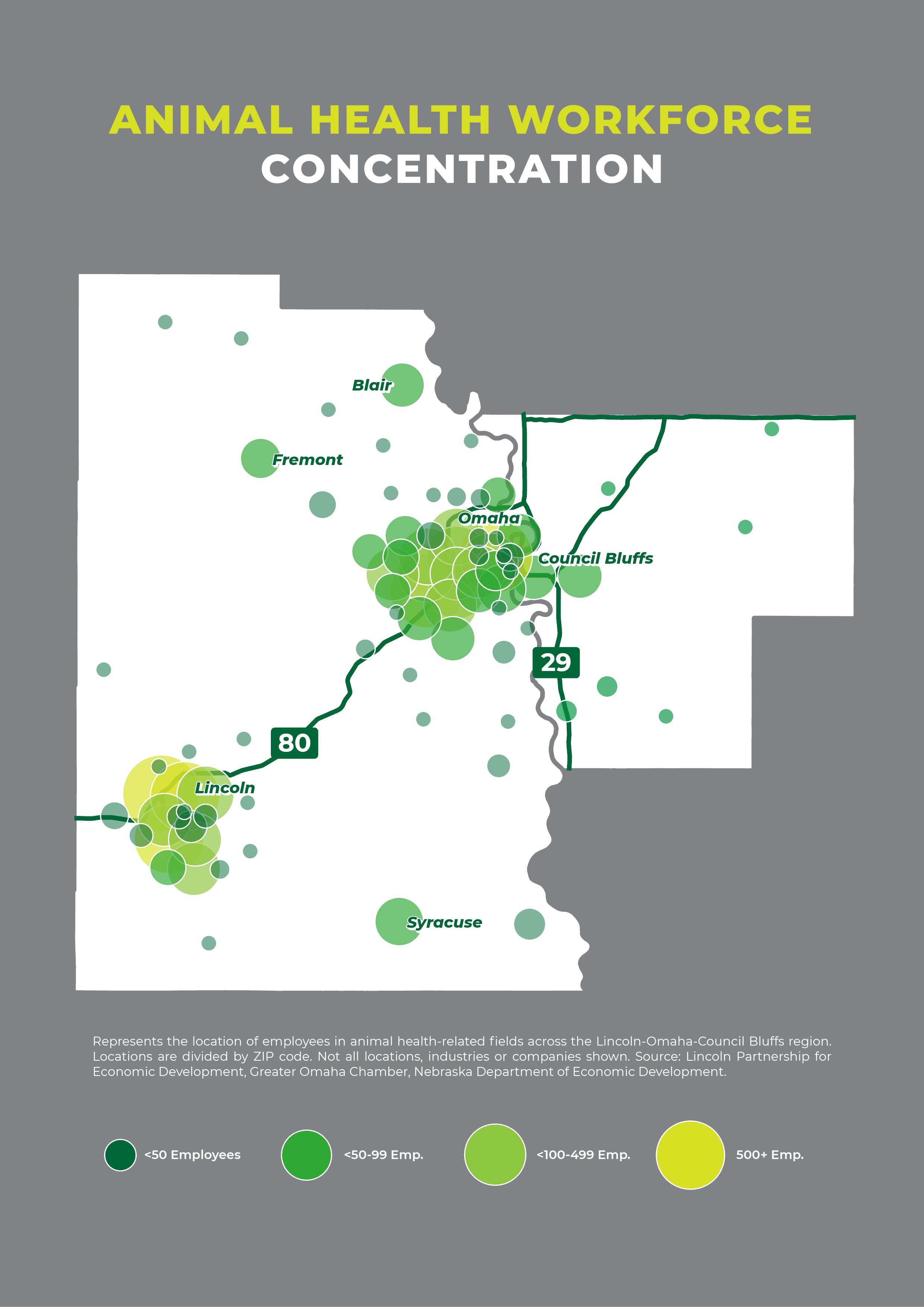 Map showing locations of animal health workforce across the Lincoln-Omaha-Council Bluffs region, with bubbles representing employee numbers divided by ZIP code. Color coding indicates workforce size: small dots for fewer than 50 employees, medium for 50-99, larger for 100-499, and largest for over 500. Major cities like Lincoln, Omaha, and Council Bluffs are labeled.
