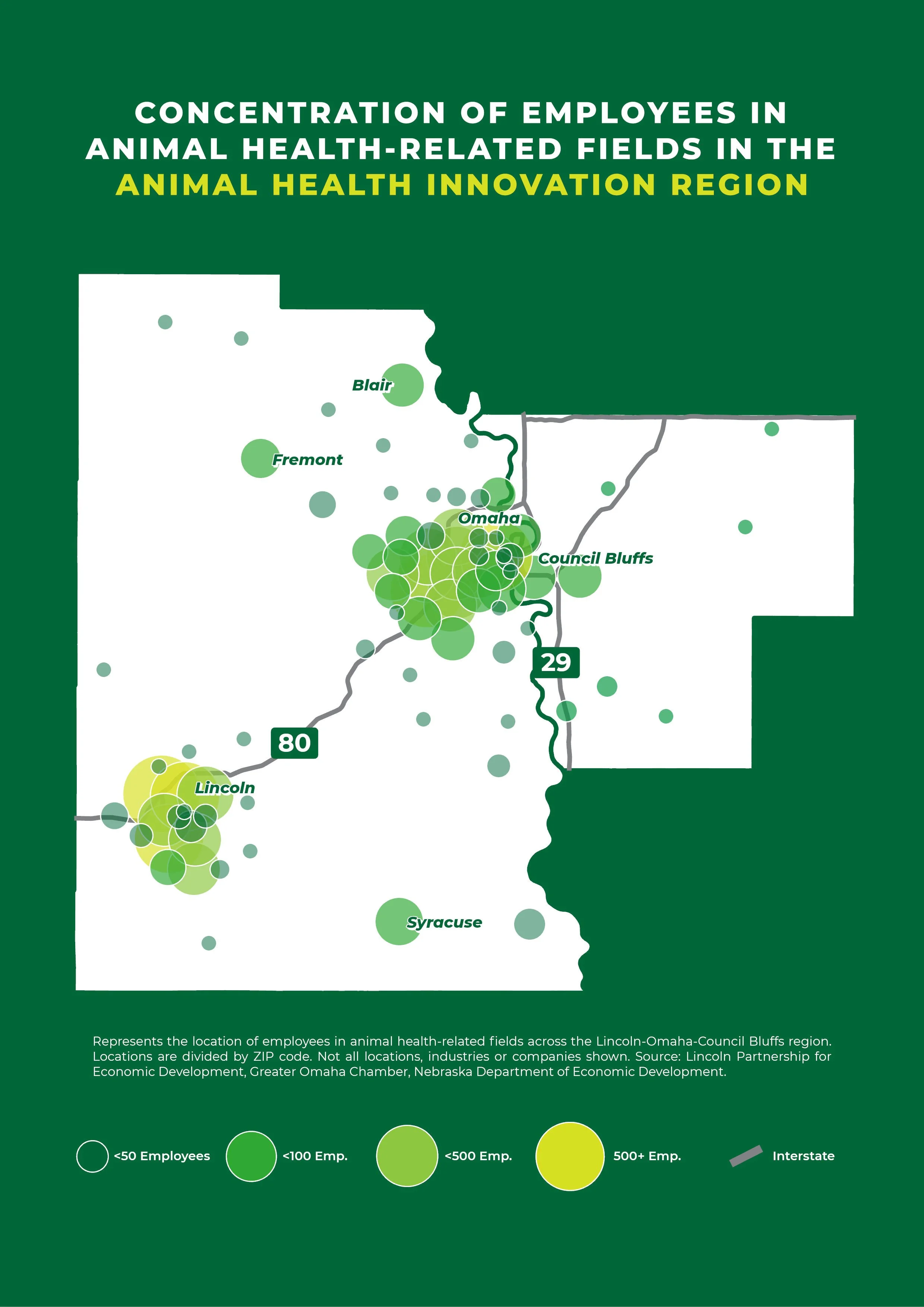 Map showing locations of employees in animal health-related fields across the Lincoln-Omaha-Council Bluffs region, with different sized circles representing various employee count ranges, highlights Omaha, Lincoln, Syracuse, Fremont, Blair, and Council Bluffs.
