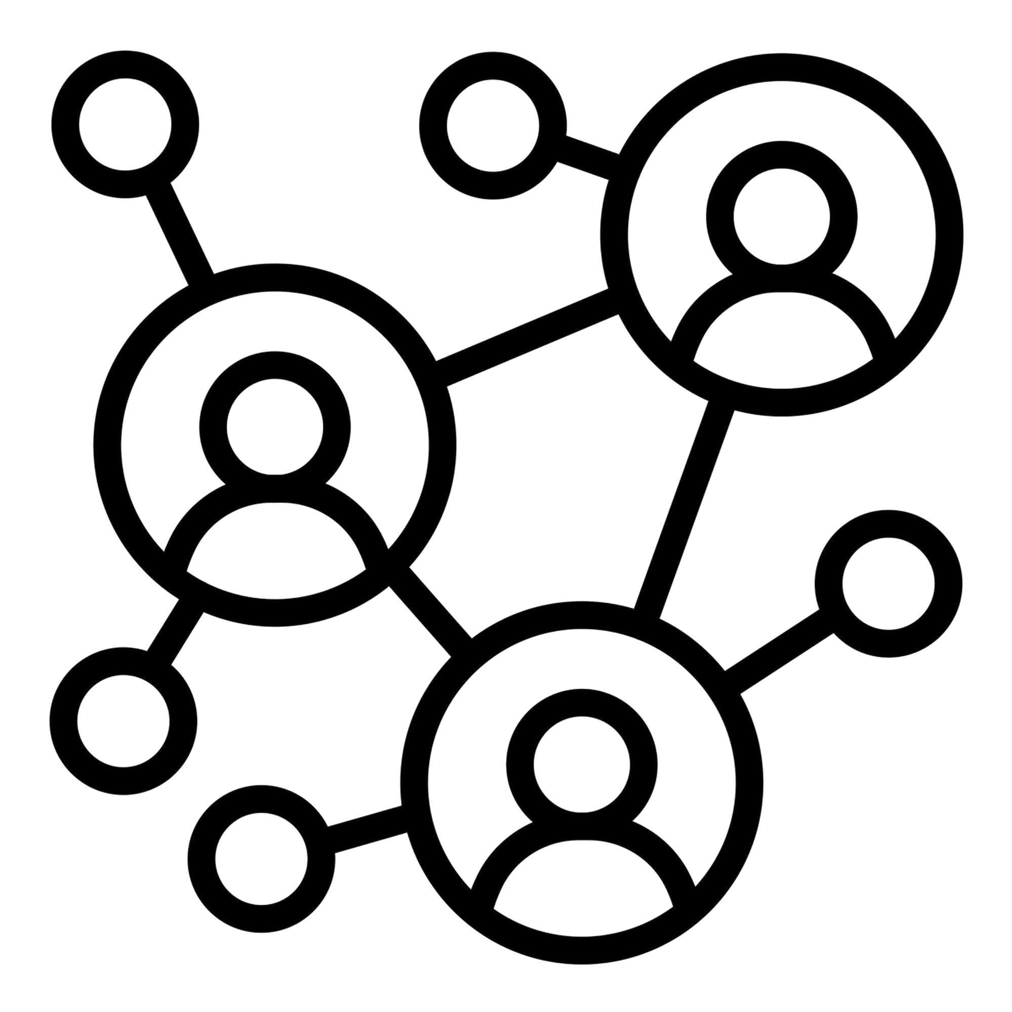 Black and white illustration of interconnected circles and lines forming a network or abstract pattern.