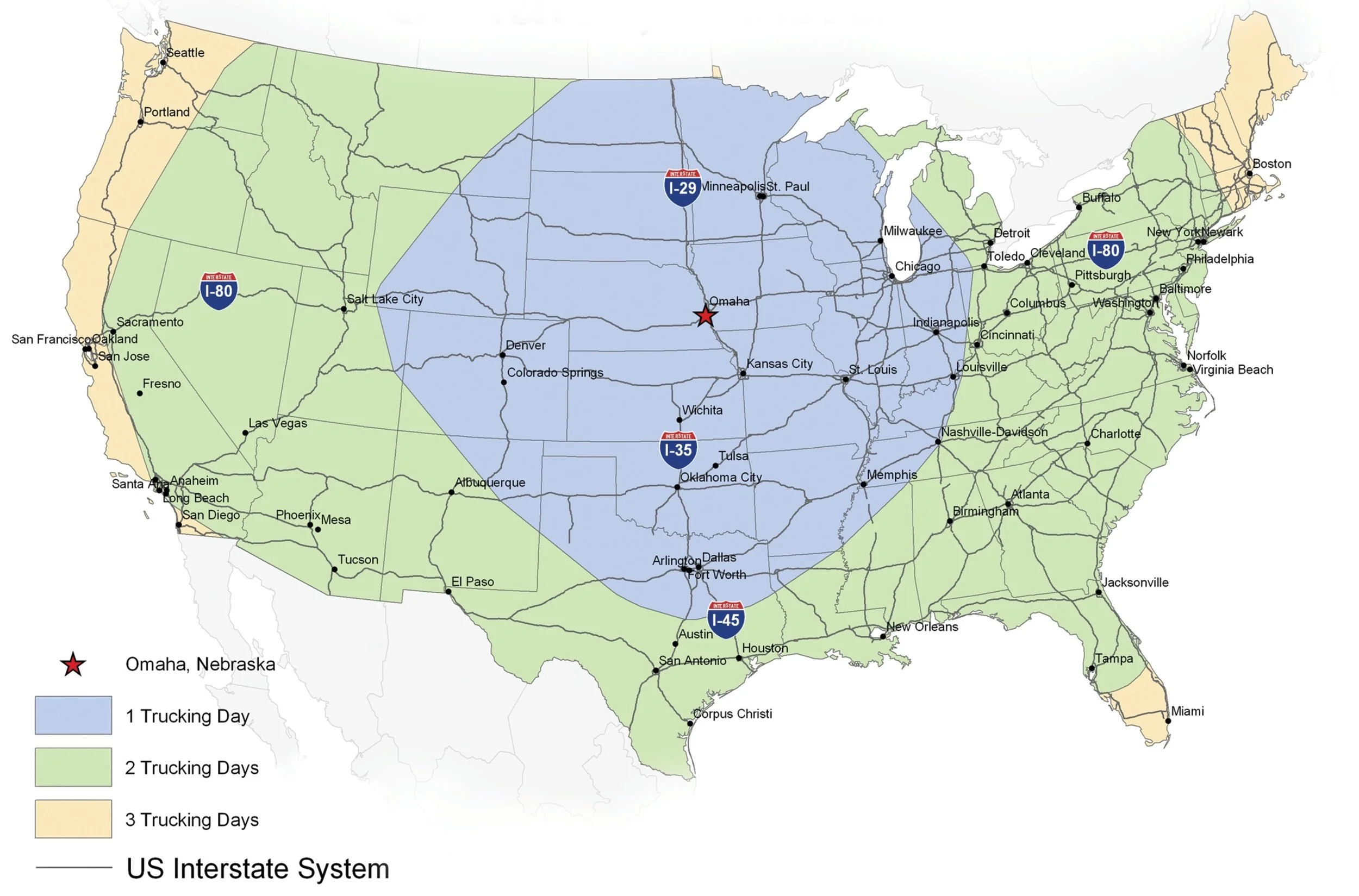 Map of the United States showing interstates, cities, and trucking days required for transportation. Omaha, Nebraska is marked with a red star. The map indicates one, two, and three trucking days in different colored areas.