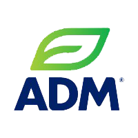 Logo of ADM with green leaf and blue text