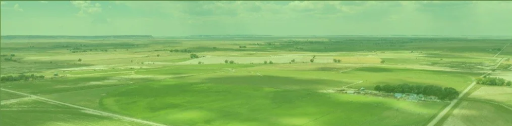 Wide aerial view of green farmland and open fields under a green sky.