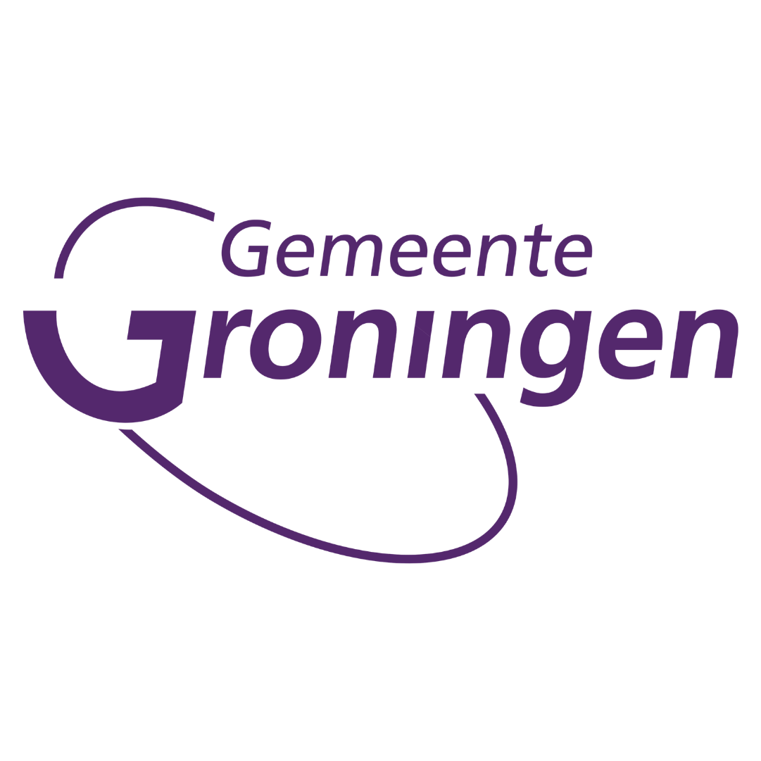 Logo met de tekst 'Gemeente Groningen' in paarse letters en een cirkelvormig ontwerp